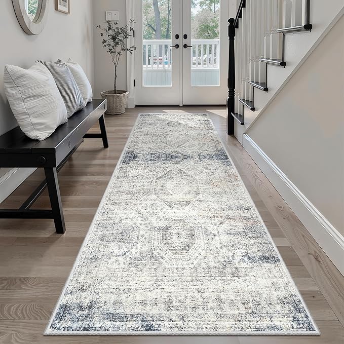 Soalmost Washable Runner Rug, 2'6" x 8' Non-Slip Kitchen Vintage Foldable 2.5x8ft Hallway Runners for Entryway, Laundry, Bedroom, Blue Ivory