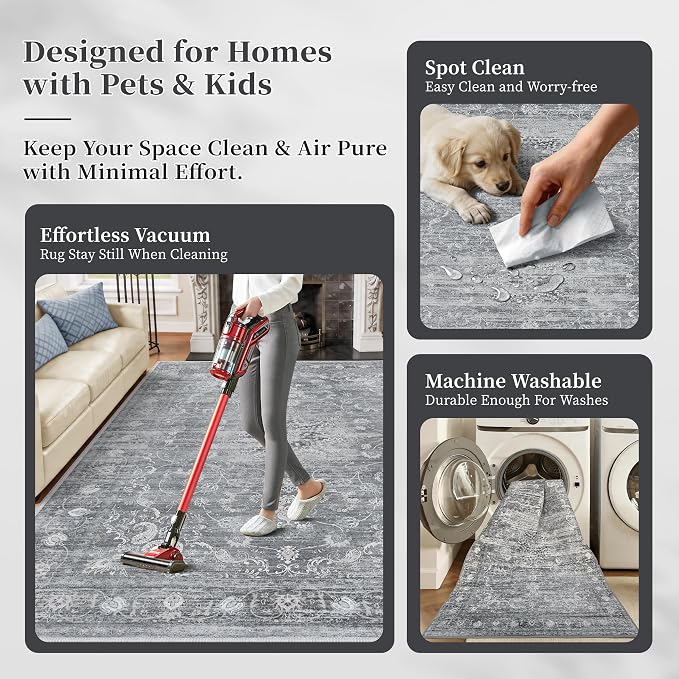 5x7 Area Rugs, Vintage Boho Carpet for Bedroom, Living Room, Gray | TTelephant Washable Low Pile Rug for Dining Roomwith Non-Slip Silicone Backing, Stain Resistant