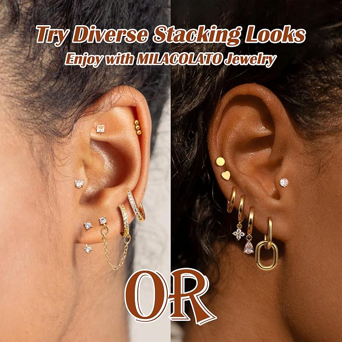 MILACOLATO 13 Pairs Silver Earrings Set for Women - 14K Gold Plated Cartilage Studs Huggie Hoop Earring Stacks for Multiple Piercing Hypoallergenic Surgical Stainless Steel Flat Back Earrings for Sensitive Ears