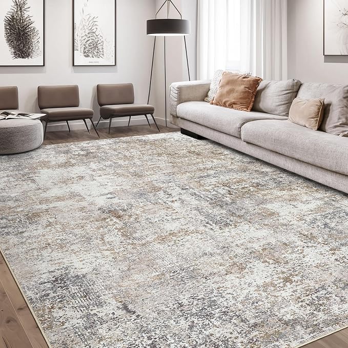 DMOYEST Area Rug Living Room Rugs - 9x12 Washable Large Soft Indoor Neutral Modern Abstract Low Pile Rug Carpet for Bedroom Dining Room Farmhouse Home Office - Brown/Grey/Black