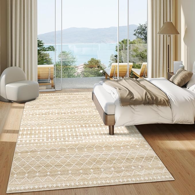 Miukiki 6x9 Area Rug for Living Room Moroccan Washable Rugs Non Slip Indoor Floor Carpet Foldable Large Soft Area Rug for Dining Room Bedroom with Low Pile(Beige,6'x9')