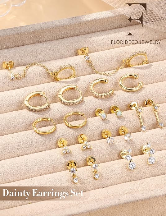 Florideco Small Stud Hoop Earrings for Women Hypoallergenic 14K Gold Plated Surgical Stainless Steel Flat Back Earrings Dainty Hoop Stud Earring Stacks Cartilage Earring Set for Multiple Piercing