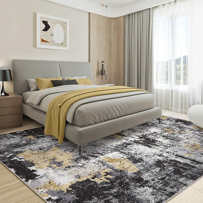 Abstract 10x14 Area Rug: Machine Washable Non Slip Ultra Thin Low-Pile Carpet, Soft Stain Resistant for Living Dining Room Bedroom, Kid Pet Friendly, Robot Vacuum Compatible - Black Gold