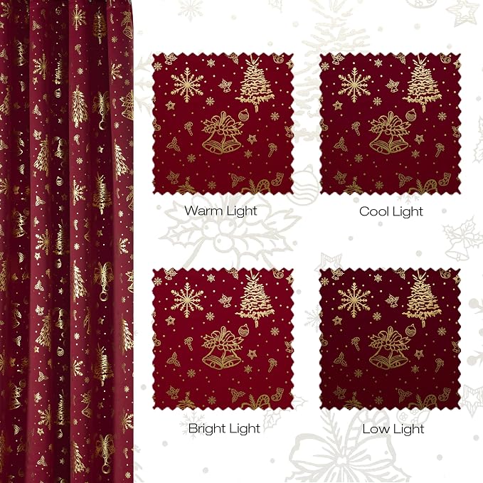NICETOWN 2 Panels Christmas Red Curtains 42 x 84 Inch, Gold Stamped Rod Pocket Curtain Drapes for Holiday Season, Xmas Home Decor, Festive Window Treatments for Bedroom, Seasonal Curtain Set