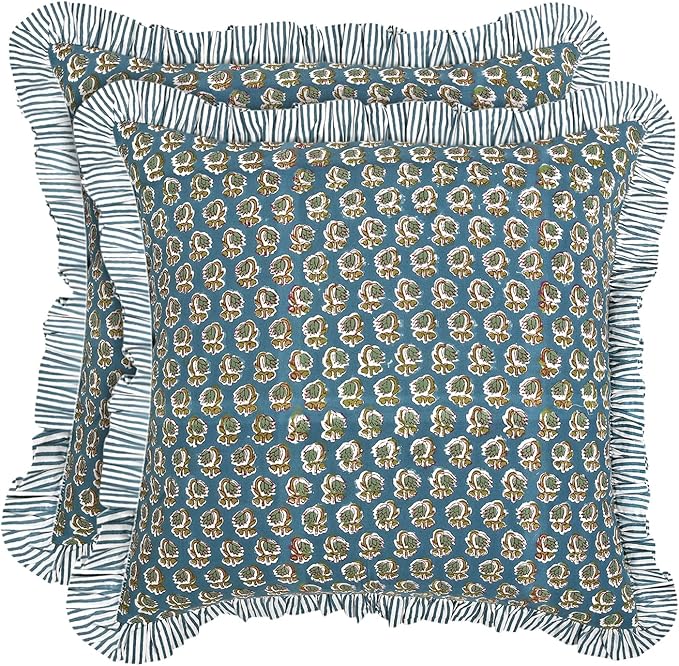 Ridhi Block Print Peacock Blue Throw Pillow Cover 16" x 16" (Pack of 2) Decorative Cushion Covers with Ruffle for Couch, Sofa, Bed, Living Room, Home Decor Gift for Spring, Easter, Valentine