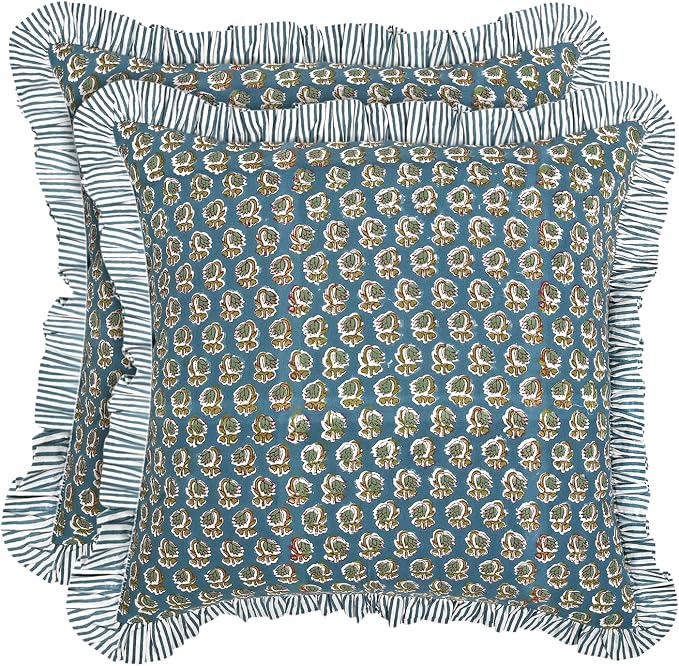 Ridhi Block Print Peacock Blue Throw Pillow Cover 18" x 18" (Pack of 2) Decorative Cushion Covers with Ruffle for Couch, Sofa, Bed, Living Room, Home Decor Gift for Spring, Easter, Valentine