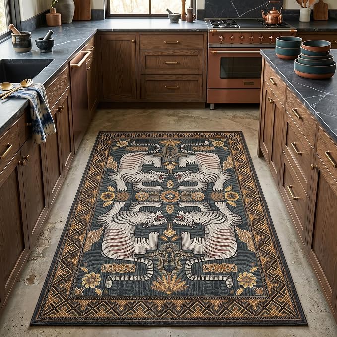 GarveeHome 3x5 Tiger Washable Area Rug for Entryway, Boho Blue Bedroom Rug Non Slip Vintage Tribal Soft Animal Print Carpet Stain Resistant Throw Rug for Kitchen Dorm Kids Room Office Dining Room