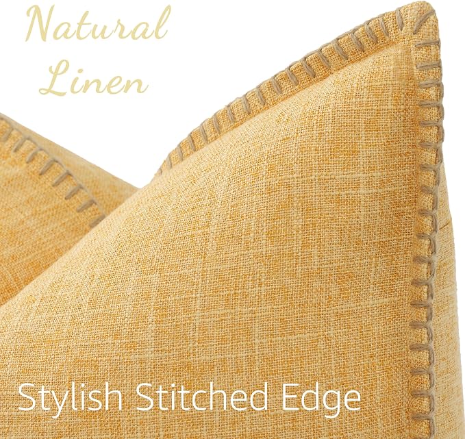 decorUhome Yellow Faux Linen Outdoor Throw Pillow Covers 20x20 Set of 2 | Fall Decorative Textured Neutral Modern Farmhouse Pillow Covers with Stitched Edge for Couch Sofa Bed Living Room