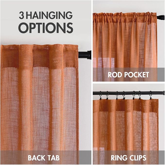 MIULEE Orange Curtains 96 Inch Length 2 Panels for Bedroom Living Room, Soft Thick Linen Textured Window Drapes Semi Sheer Light Filtering Back Tab Rod Pocket Burlap Look Fall Boho Decor