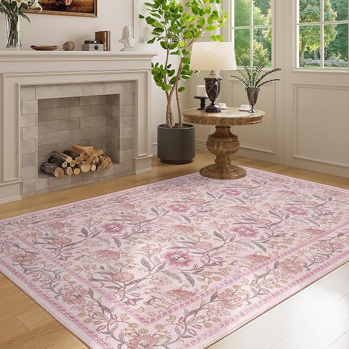 DUKINO 4x6 Area Rug, Washable Vintage Floral Rug for Living Room, Pink | Non Slip, Low Pile, Stain Resistant Boho Lightweight Soft Indoor Carpet for Bedroom Office Dining Room Entryway Farmhouse