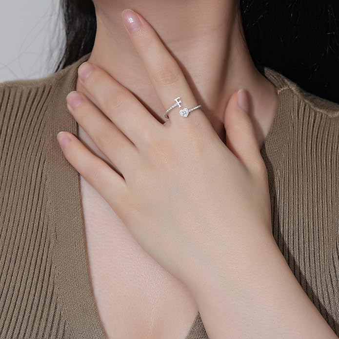 Step Forward 925 Sterling Silver Adjustable Initial Ring for Women | Non Tarnish Letter Rings for Lady | Alphabet Heart Thumb Rings | Capital Letter Jewelry Gifts