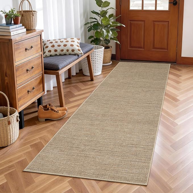 GarveeHome Hallway Runner Rug 2x10 Easy Jute Long Runner Carpet for Kitchen | Washable Modern Area Rugs Non Slip Stain Resistant Jute Throw Carpet for Bedroom Nursery Entryway Living Room, Tan