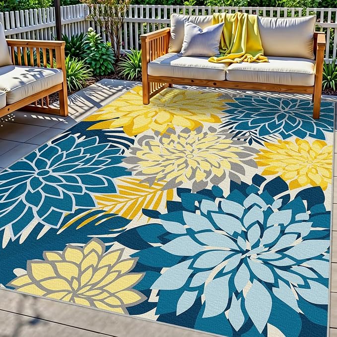 Colorful 5x8 Outdoor Area Rug Washable Multicolored Patio Rug Tropical Botanical Floral Chenille Waterproof Outdoor Carpet for Living Room, Deck, Backyard, Porch, Ocean Dahlia