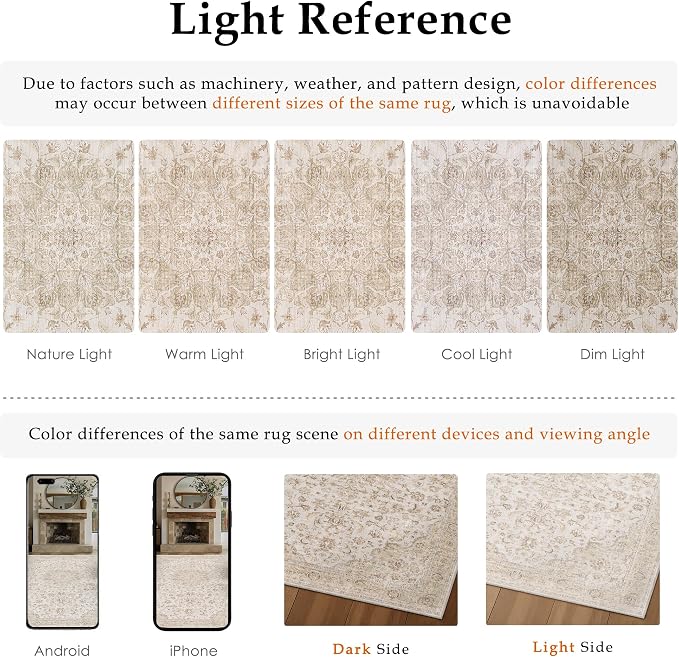 PureCozy 8x10 Area Rug Washable Neutral Beige Brown Vintage Floral | Non Slip, Soft Low Pile, Indoor Carpet for Living Room, Bedroom, Dining Room, Farmhouse Decor
