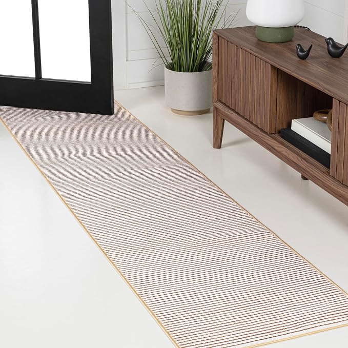 JONATHAN Y Cole Pinstripe High-Low White/Gold Runner Rug, 2x8, Modern, Minimalist, Easy-Cleaning for Living Room, Bedroom, Kitchen, Pet Friendly, Non-Shedding (CAR101D-28)
