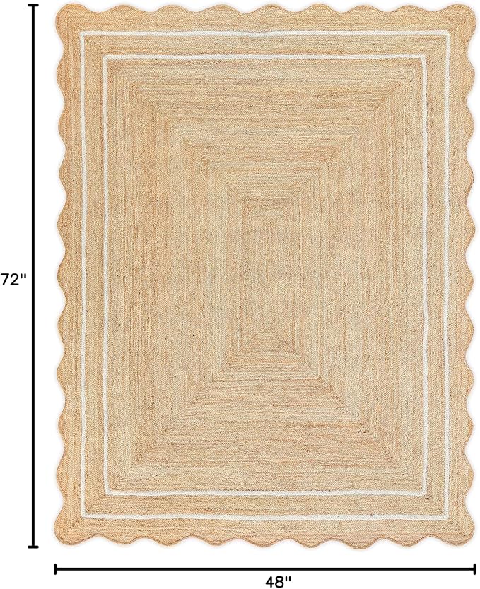 Wave Scalloped Natural Jute Runner, Off White (4'x6'): Boho Farmhouse Scallop Entryway Rug