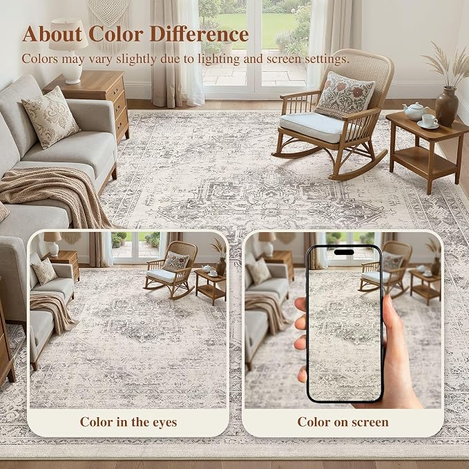 UERMEI 5x7 Area Rug Living Room Rugs - Washable Vintage Soft Large Rug Indoor Floor No Slip Rug Carpet for Bedroom Farmhouse Under Dining Table Home Office Decor - Beige/Camel