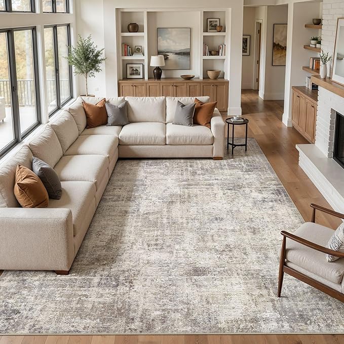 cotiled Washable 10x12 Area Rug for Living Room - Modern Abstract Carpet with Non-Slip Backing, Low Pile & Soft, Stain Resistant, Kid & Pet Friendly Decor for Bedroom & Dining Room - Brown Grey