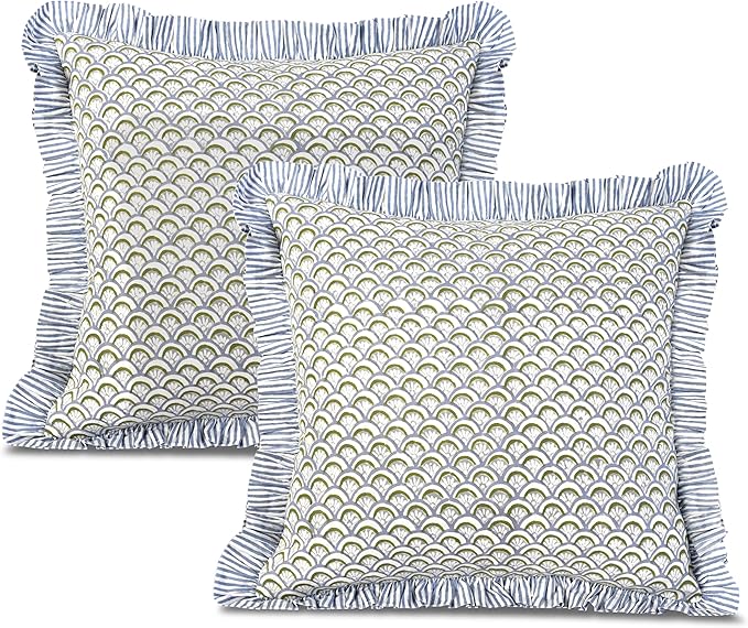 Ridhi Block Print Hand Fan Harmony Throw Pillow Cover 24" x 24" (Pack of 2) Decorative Cushion Covers with Ruffle for Couch, Sofa, Bed, Living Room, Home Decor Gift for Spring, Easter, Valentine