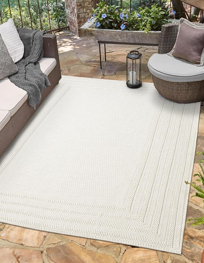 Berry Easy Jute Indoor Outdoor Rug, 5x7 Neutral Bordered Jute Look, Weather Resistant, Easy Care, Lightweight Outdoor Farmhouse Carpet for Patio, Porch, Living Room (5' x 7', Ivory)