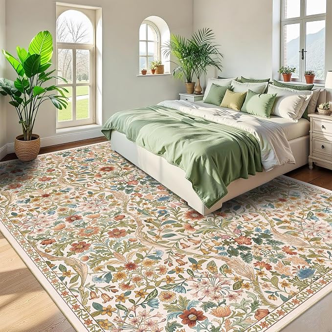 9x12 Beige Vintage Floral Area Rug,Washable Large Boho Living Room Rugs,Botanical Print Non-Slip Stain Resistant Lightweight Carpet for Bedroom Dining Room Nursery