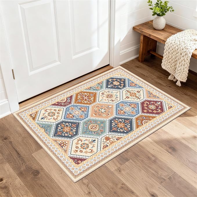 2x3 Washable Entryway Rugs, Soft Non-Slip Boho Moroccan Rug, Low-Pile Printed Indoor Throw Rugs for Entrance, Kitchen, Bedroom Bedside- Multi | Soft Low-Pile Printed Indoor Throw Rugs for Entrance, Kitchen, Bedroom Bedside
