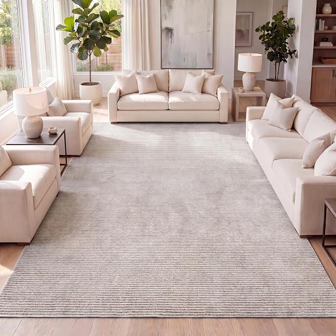 JONATHAN Y Cole Pinstripe High-Low Cream/Silver Indoor Area Rug, 4x6, Modern, Minimalist, Easy-Cleaning for Living Room, Bedroom, Kitchen, Pet Friendly, Non-Shedding (CAR101A-4)