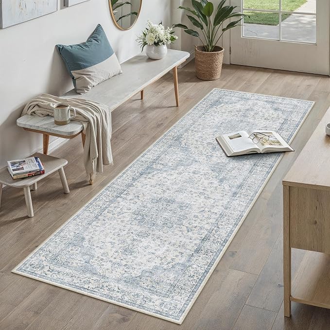 PureCozy 2x6 Washable Runner Rug Neutral Blue Vintage Floral | Non Slip, Soft Low Pile, Hallway Carpet for Kitchen, Entryway, Laundry Room, Coastal Decor