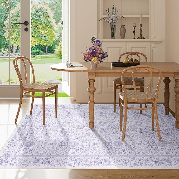 DUKINO 3x5 Rug, Washable Vintage Floral Bedroom Area Rug Non Slip, Purple | Low Pile, Non-Shedding, Aesthetic Lightweight Soft Indoor Small Carpet for Bathroom Entryway Living Room Office Farmhouse