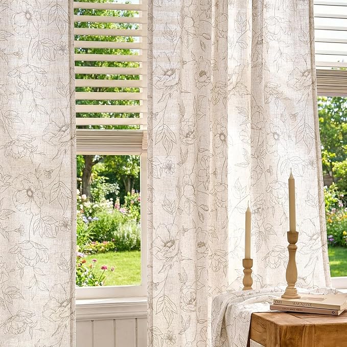 jinchan Floral Linen Curtains for Living Room 63 Inch Length Taupe Flower Curtain Rod Pocket Back Tab Farmhouse Curtains with Printed Floral Bedroom Window Curtain Set, 2 Panels Taupe
