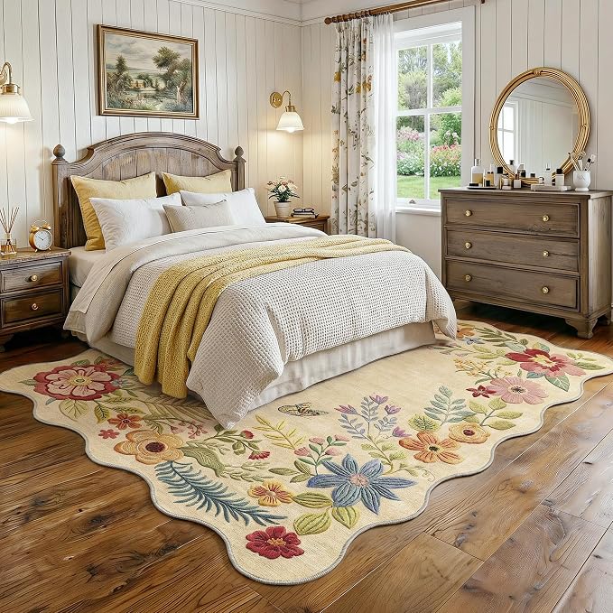 FMFUNCTEX 6x9 Washable Beige Floral Boho Scalloped Area Rug for Living Room | Vintage Flower Colorful Traditional Soft Cream Non Slip Low Pile Large Pattern Indoor Thin Carpet Bedroom Dining Room Nursery