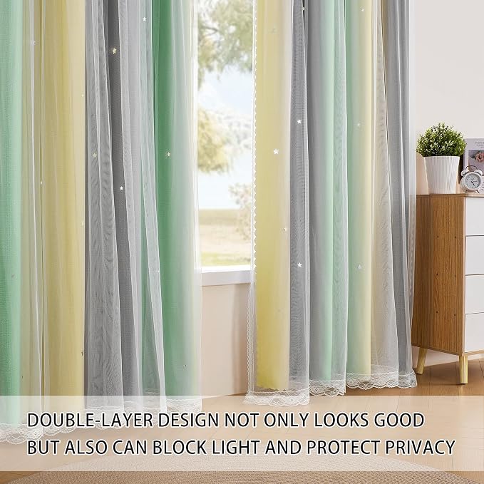 XiDi Grey Green Yellow Curtains for Girls Bedroom Decor Kids Blackout Curtains for Nursery Room Darkening Rainbow Princess Unicorn Wall Decals Little Girl 52x54 Inches Long 2 Panels Set