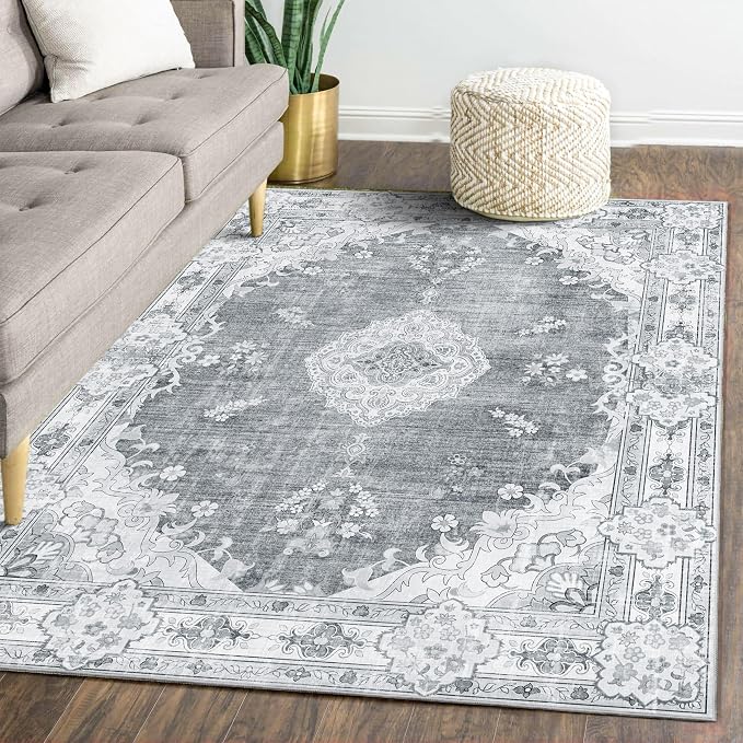 MUJOO 5'x7' Area Rugs Grey Washable Boho Rug Non Slip Low-Pile Floral | Machine Washable Large Throw Carpet for Bedroom Living Room Dining Room Soft Floor Indoor Vintage Bohemian Flowers