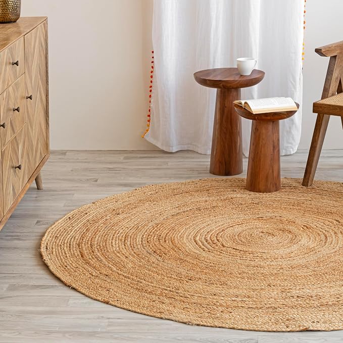 HOMEMONDE 6ft Round Natural Jute Rug - Handwoven Braided Reversible Vintage Area Rug Farmhouse Rustic and Bohemian Eco Friendly Home Décor for Bedroom, Living Room and Kitchen