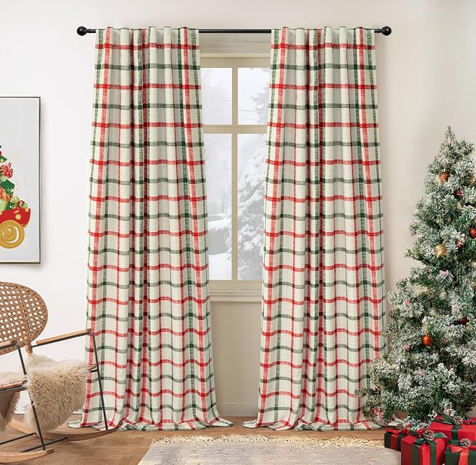 DriftAway 100% Blackout Plaid Curtains 84 Inches Long 2 Panels Red Green | 100% Blackout, Linen Texture, Plaid Pattern, Two Layers, Rod Pocket & Back Tab, Bedroom Living Room Use, Luxury Appearance