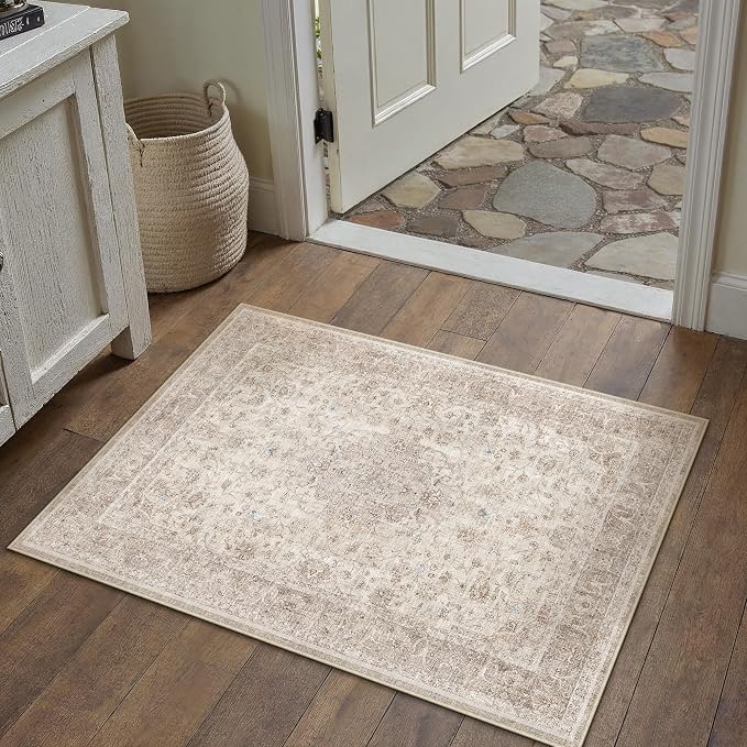 PureCozy 2x3 Washable Small Entryway Rug Beige Vintage Traditional Oriental | Non Slip, Soft Low Pile, Door Mat for Bathroom, Indoor Entrance, Kitchen, Distressed Retro Decor