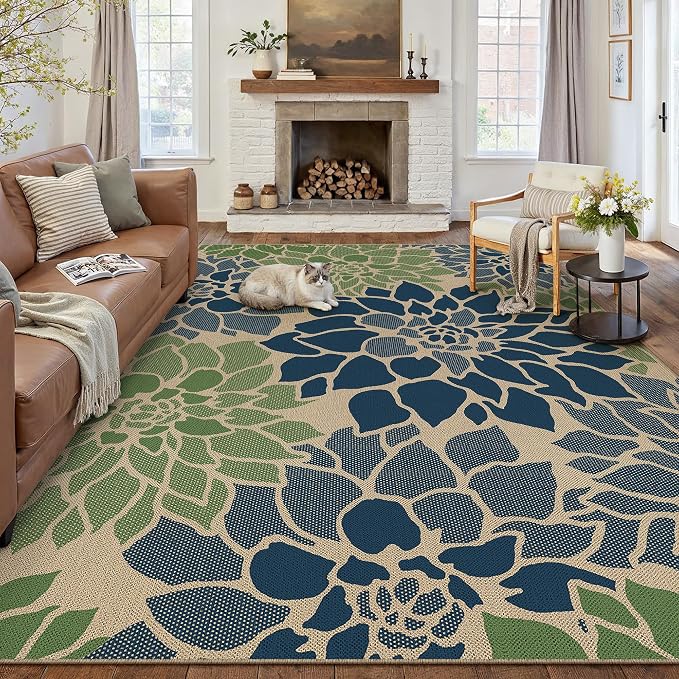 PureCozy 9x12 Easy Jute Outdoor Rug Navy/Green Floral Textured Indoor Outdoor Area Rug Farmhouse Patio Carpet for Backyard, Patio, Porch, Easy-Cleaning, High Traffic, Pet-Friendly, Non-Shedding