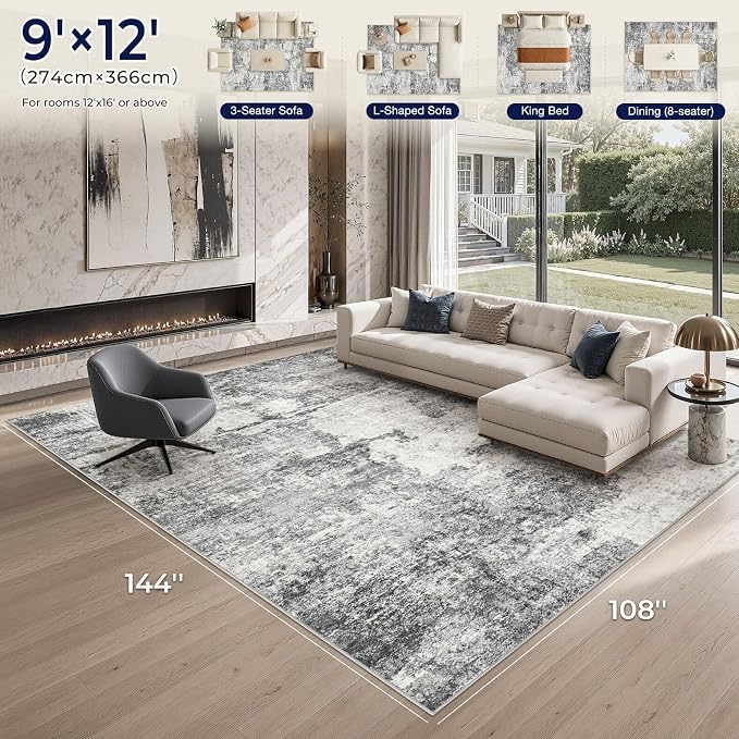 DMOYEST 9x12 Area Rug for Living Room, Washable & Non Slip Large Indoor Carpet, Kid & Pet Friendly Soft Thin Low Pile Abstract Rug for Bedroom and Office - Grey