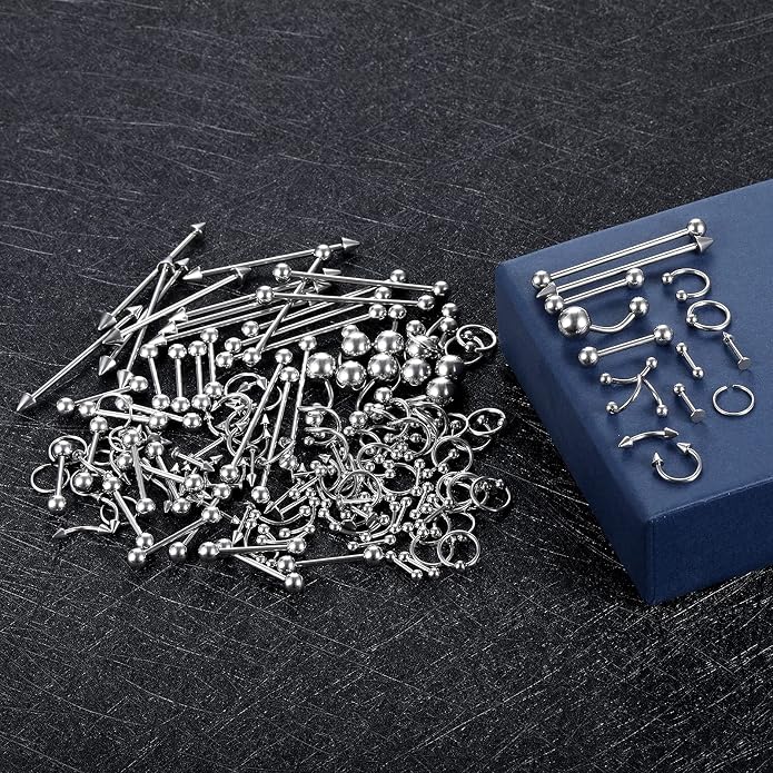 Xpircn 150PCS Piercing Kit Jewelry Stainless Steel Lip Nose Tongue Tragus Cartilage Daith Eeybrow Belly Button Rings Body Piercing Tools 14G 16G 20G
