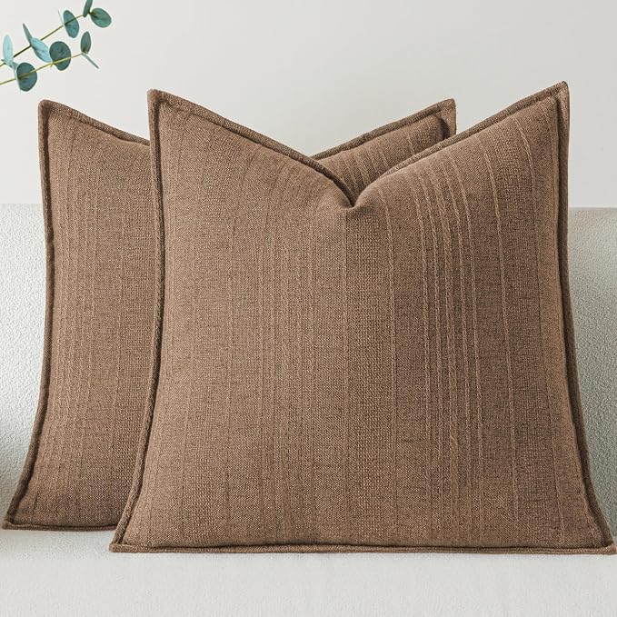 a moment Linen Pillow Covers Set of 2,Boho Farmhouse Throw Pillowcases Neutral Textured Decorative Covers for Couch Sofa,Soft Linen Blend Accent Case Cushion Living Room Home Decor 22"x22"Hazel
