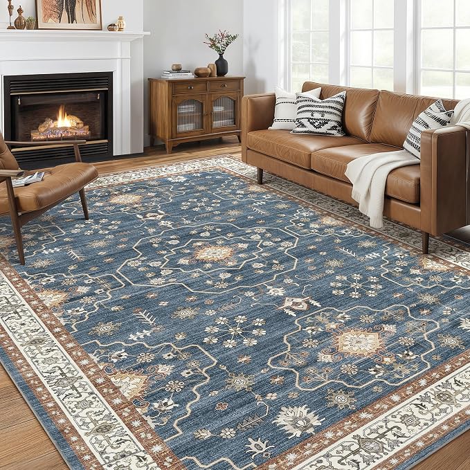 10x12 Area Rug for Living Room- Machine Washable Soft Oriental Vintage Large Indoor Floor Carpet for Bedroom Under Dining Table Home Office Decor - Dark Blue