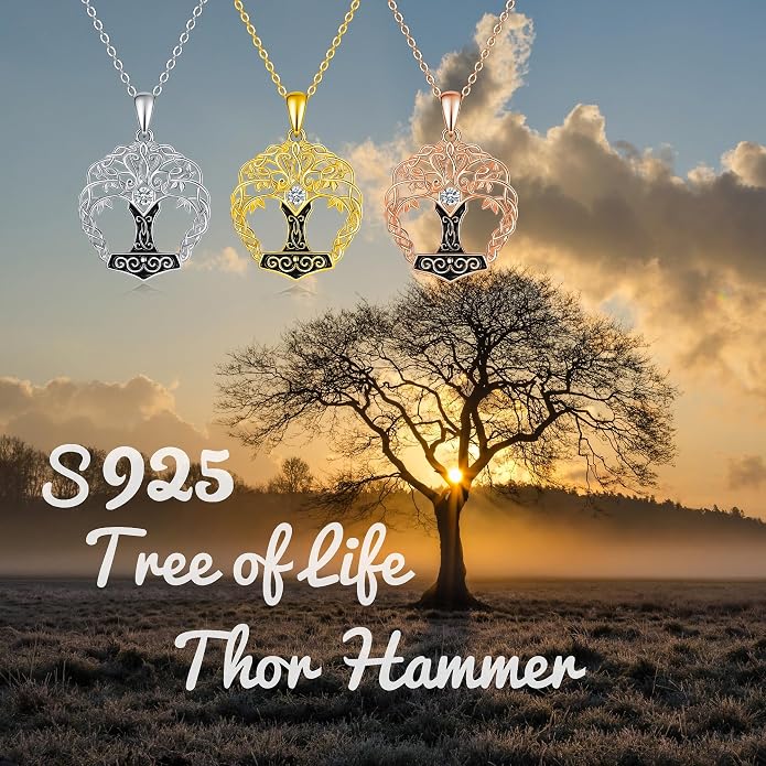 Tree of Life Thor Hammer Pendant Necklace for Women Sterling Silver S925 Jewelry for Women US1
