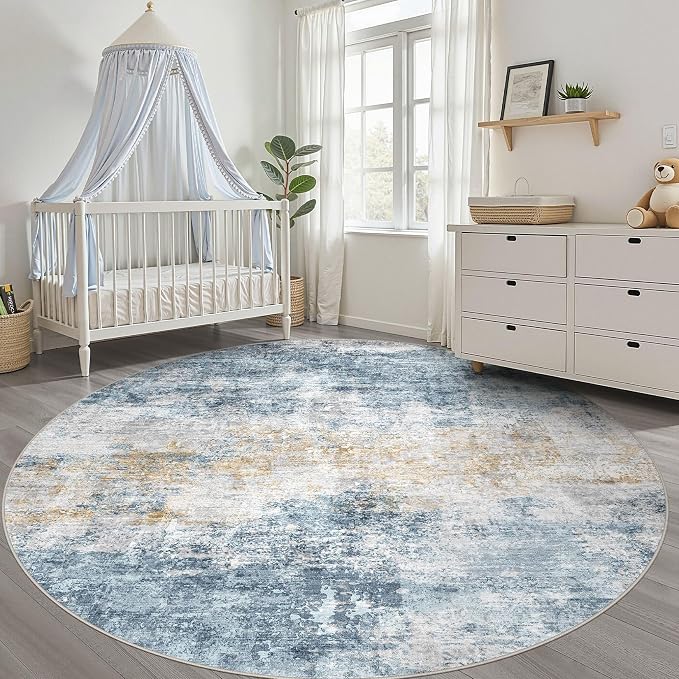 8ft Round Rug Living Room: 8x8 Washable Large Neutral Circle Area Rug Abstract Soft Modern Stain Resistant Indoor Floor Non-Slip Carpet for Bedroom Nursery Kids Office Playroom Dining Room- Blue Gold