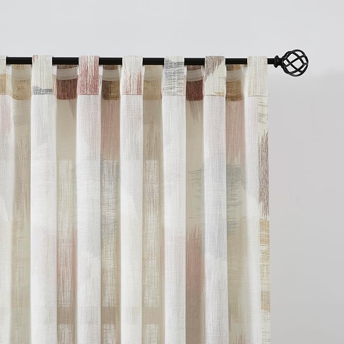 Kayne Studio Boho Geo Semi Sheer Curtain Panels Curtains,Red Tan Watercolor Print Light Filtering Farmhouse Drapes for Living Room Bedroom, Back Tab Rod Pocket Window Treatment,W52 x L95,Brown,2 PK