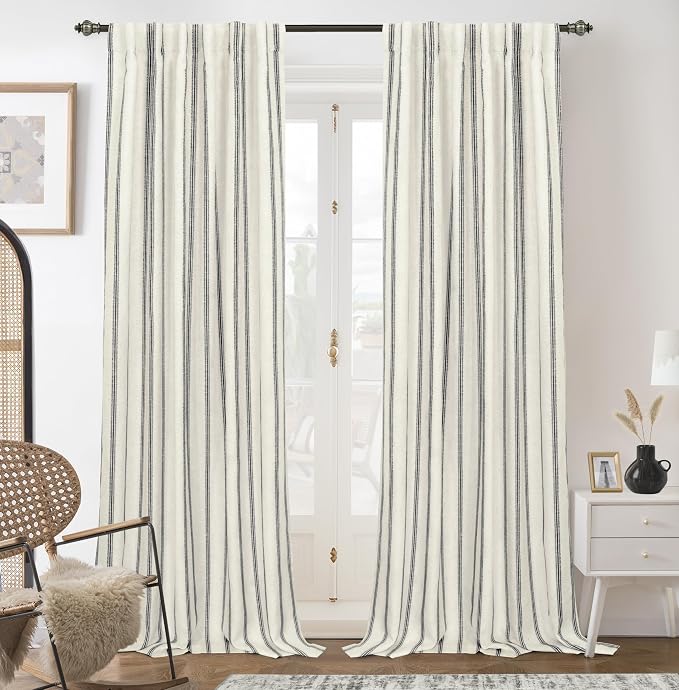 DriftAway Farmhouse Stripe Blackout Curtains, W52xL84, Black | Blackout, Linen Texture, Stripe Pattern, Rod Pocket & Back Tab, Two Layers, Bedroom Living Room Use, Sound Reducing Design