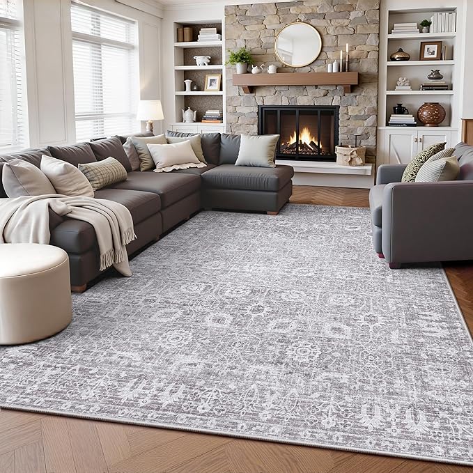 5x7 Area Rugs, Washable Vintage Retro Floral Rug for Living Room, Low Pile Non Slip Distressed Large Carpet for Bedroom, Dining Room, Office, Home (Vintage Purple Grey)