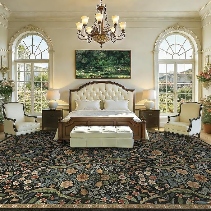 10x14 Black Brown Vintage Floral Area Rug,Washable Large Boho Living Room Rugs,Botanical Print Non-Slip Stain Resistant Lightweight Carpet for Bedroom Dining Room Nursery