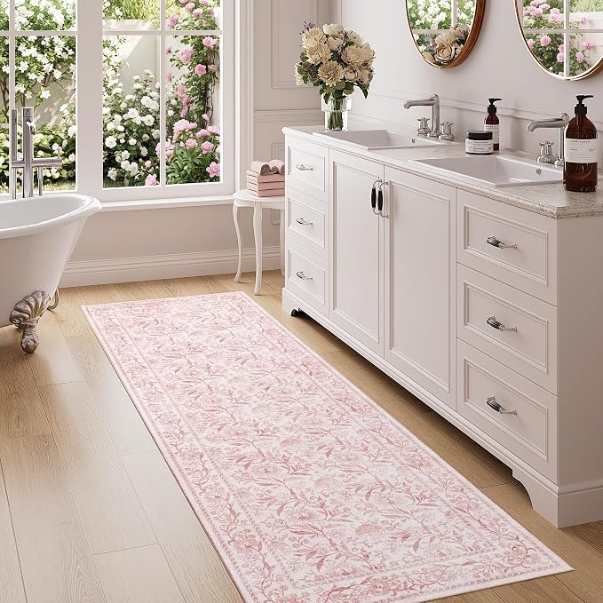 DUKINO 2x6 Runner Rug, Washable Vintage Floral Kitchen Rug, Light Pink | Non Slip, Low Pile, Non-Shedding, Stain Resistant Soft Carpet Runner for Hallway Bathroom Entryway Bedroom Laundry Farmhouse