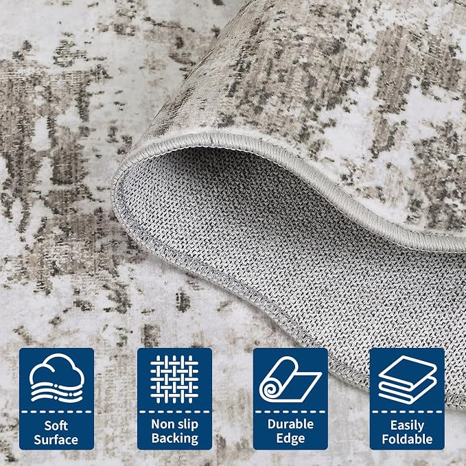 ROYHOME 9x12 Modern Abstract Scalloped Accent Rug Non Slip Stain Resistant Throw Rug Low Pile Machine Washable Indoor Floor Cover for Living Room Bedroom Office Home Decor, Taupe
