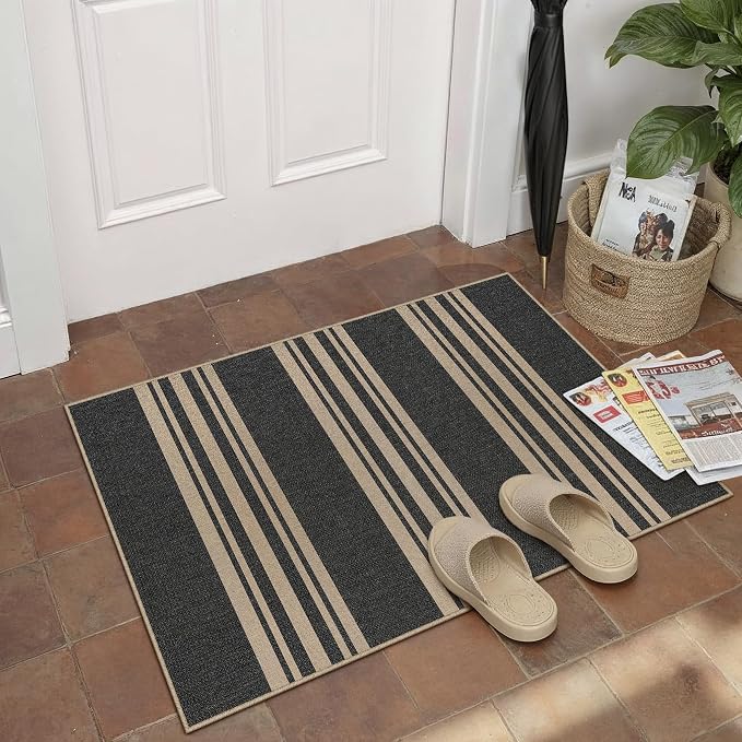 PureCozy Outdoor Rug 2x3 Washable Striped Jute Look Non Slip Mat | Black Farmhouse Design, Indoor Outdoor Entryway Door Mat for Kitchen, Mudroom and Bathroom, Non Shedding, Easy Care